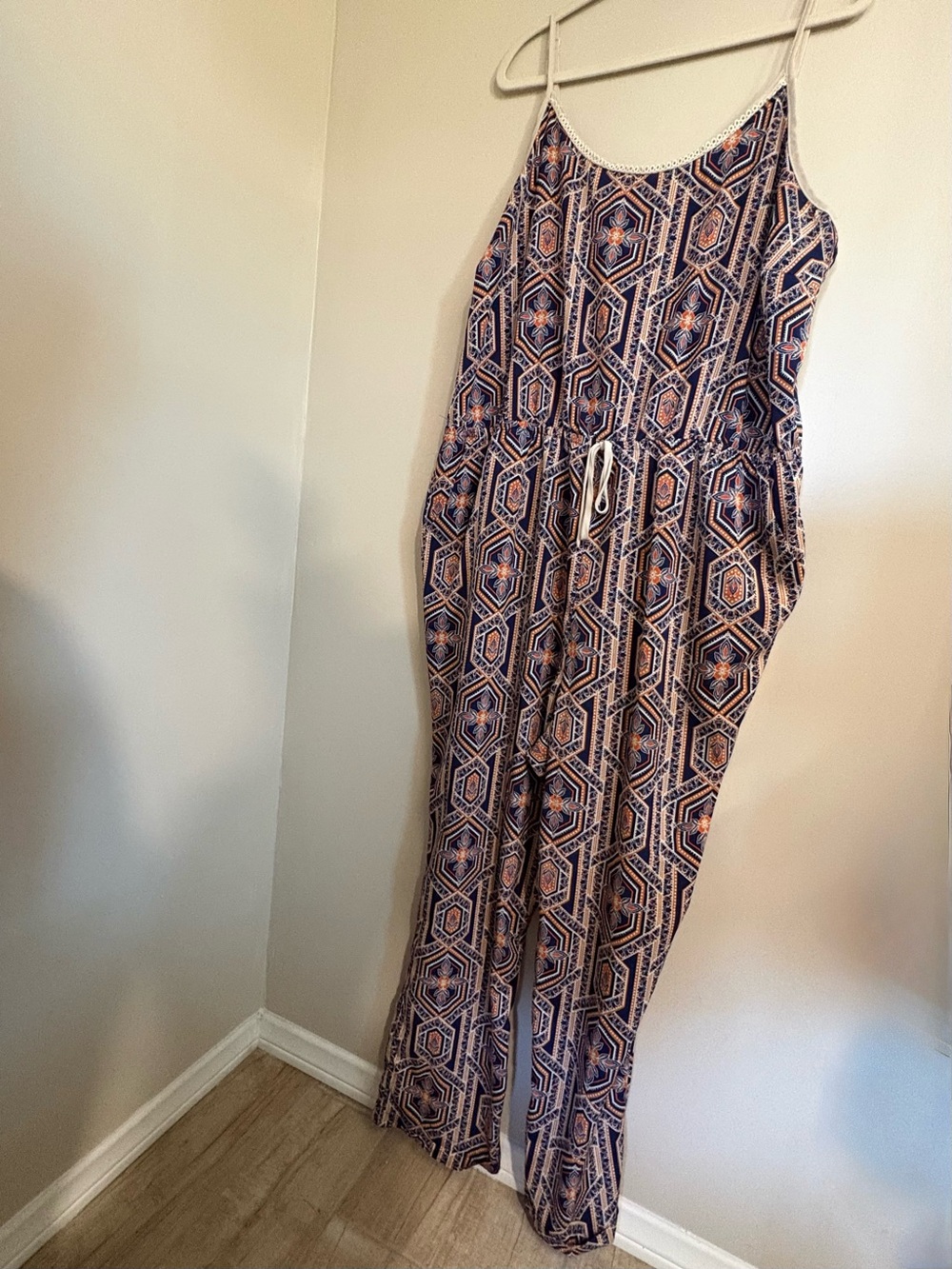 Forever 21 Navy & Coral Boho Geometric Floral Spaghetti-Strap Cami Jumpsuit 3X